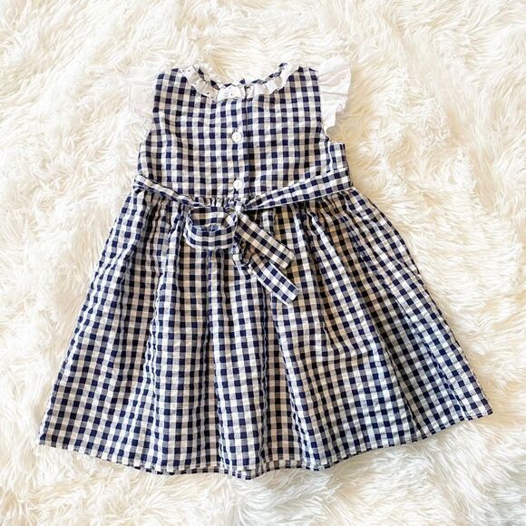 Baby Girl Blue Plaid Eyelet Trim Dress Size 18 Months - Picture 2 of 3